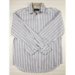 Bugatchi Uomo Men M Button Dress Shirt Striped Paisley Trim Flip Cuff Blue White